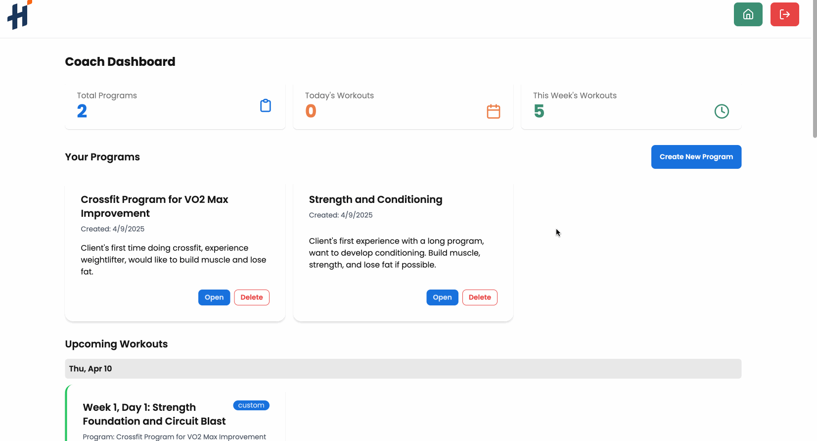 Comprehensive dashboard showing client overview, program schedules, and workout completion tracking