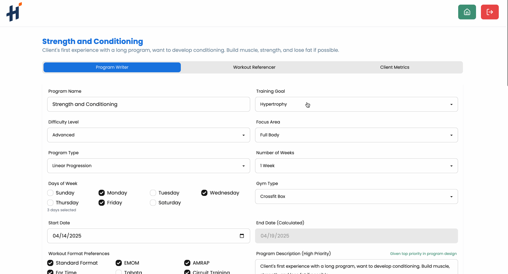 AI Program Writer generating a complete 2-week workout program with customized exercises and progression